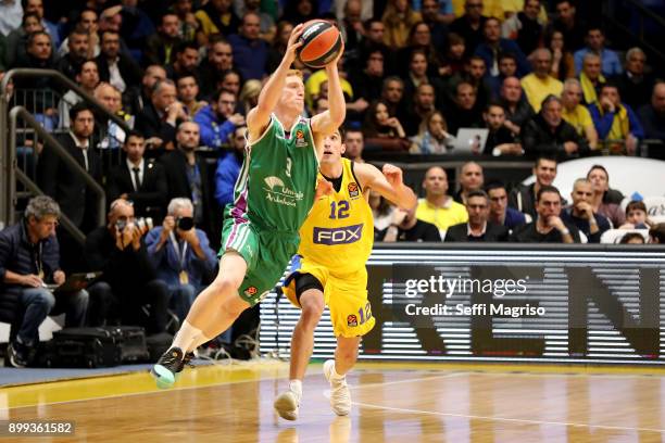 Alberto Diaz, #9 of Unicaja Malaga competes with John Dibartolomeo, #12 of Maccabi Fox Tel Aviv during the 2017/2018 Turkish Airlines EuroLeague...