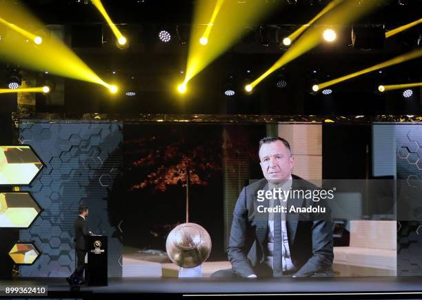 Football manager Jorge Mendes delivers a speech via teleconference after receiving 'Best Manager of the Year' award during the Globe Soccer Awards...