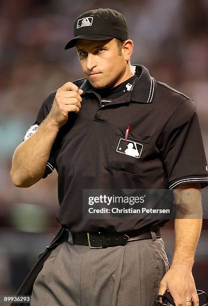 Home plate umpire Chris Guccione during the major league baseball game between the Los Angeles Dodgers and the Arizona Diamondbacks at Chase Field on...