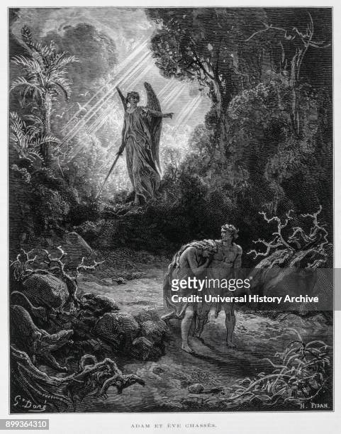 Adam and Eve banished from the Garden of Eden by an angel, Illustration from the Dore Bible 1866. In 1866, the French artist and illustrator Gustave...