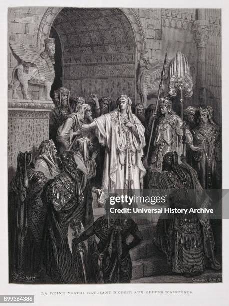 Queen Vashti refuses to appear for the King, Illustration from the Dore Bible 1866. In 1866, the French artist and illustrator Gustave Dore ,...