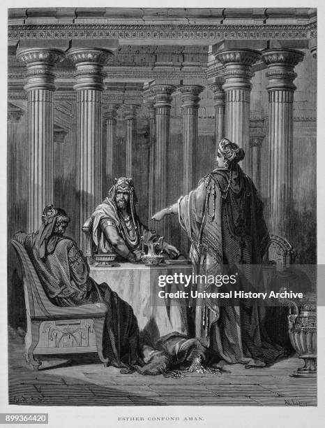 Haman denounced by Queen Esther, Illustration from the Dore Bible 1866. In 1866, the French artist and illustrator Gustave Dore , published a series...