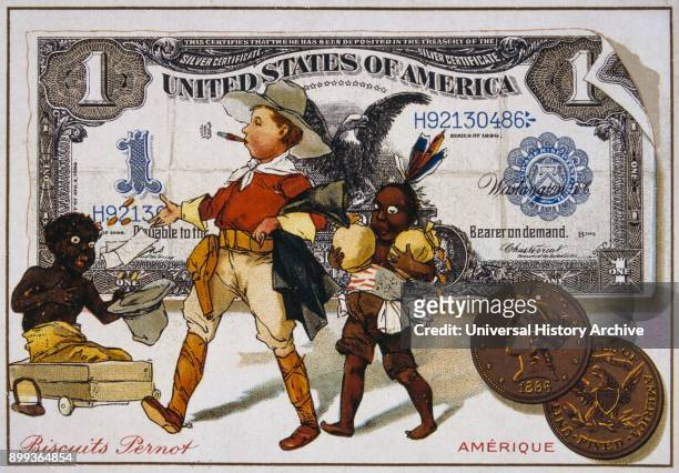 French postcard of 1900 depicting an American cowboy followed by an Indian and addressing a negro boy. Set against a one dollar banknote.