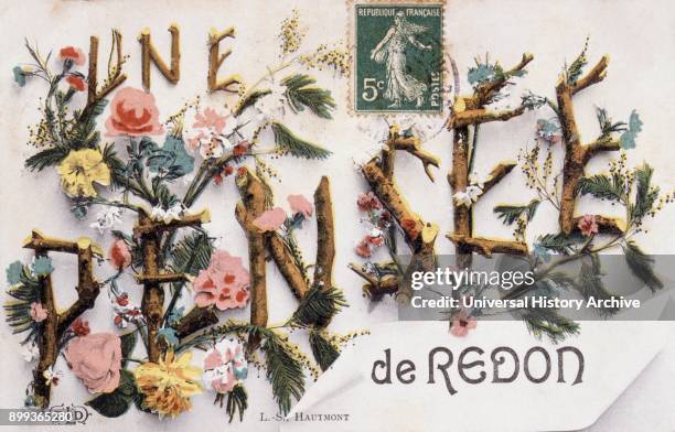 French greeting card with twigs spelling 'Pensee as a decorative element 1900.