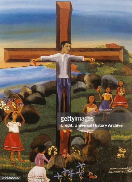 Propaganda painting depicting a rebel guerrilla as the crucified Christ, by Gloria Guevara..