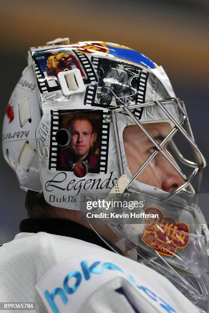 Jakub Skarek of Czech Republic looks on in the first period against Sweden during the IIHF World Junior Championship at KeyBank Center on December...