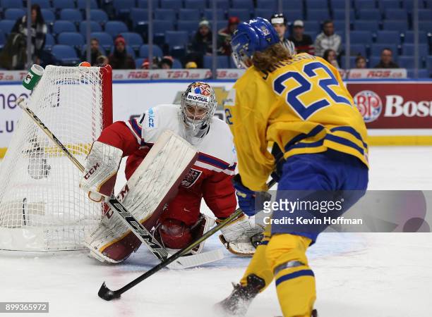 Jakub Skarek of Czech Republic tends net as Axel Jonsson Fjllby of Sweden skates with the puck in the first period during the IIHF World Junior...