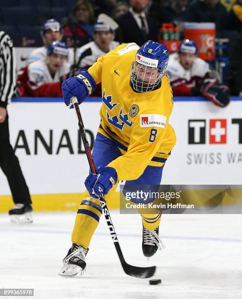 Rasmus Dahlin of Sweden takes a shot in the first period against Czech Republic during the IIHF World Junior Championship at KeyBank Center on...