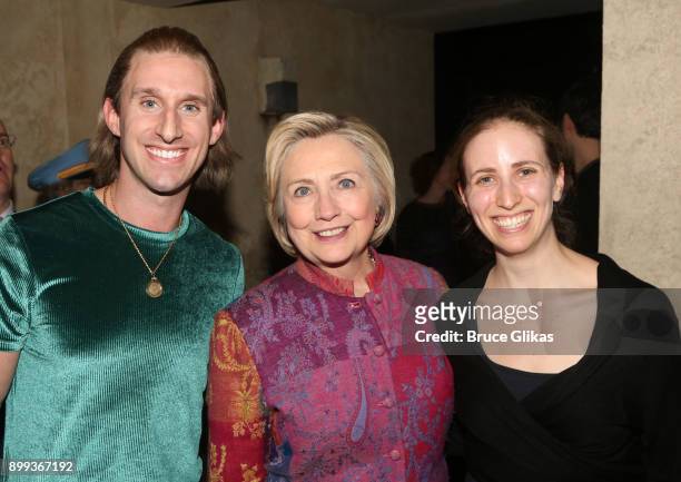 Bill Army, Hillary Rodham Clinton and Andrea Grody pose backstage at the musical "The Band's Visit" on Broadway at The Barrymore Theatre on December...