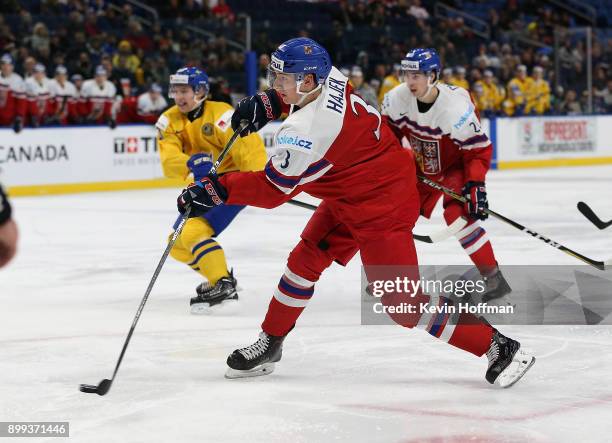 Libor Hajek of Czech Republic takes a shot in the second period against Sweden during the IIHF World Junior Championship at KeyBank Center on...