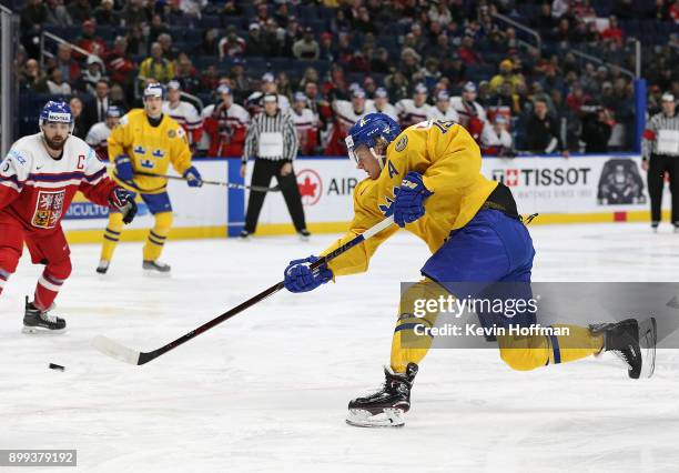 Alexander Nylander of Sweden scores on a slap shot in the third period against Czech Republic during the IIHF World Junior Championship at KeyBank...