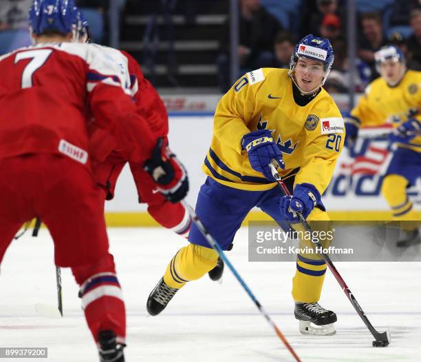Isac Lundestrom of Sweden skates up ice with the puck in the third period against Czech Republic during the IIHF World Junior Championship at KeyBank...