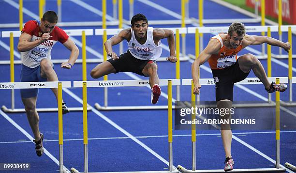 Russia's Vasiliy Kharlamov, Algeria's Labri Bouraada and Netherland's Ingmar Vos compete in the 110m hurdles race of the men's decathlon during the...