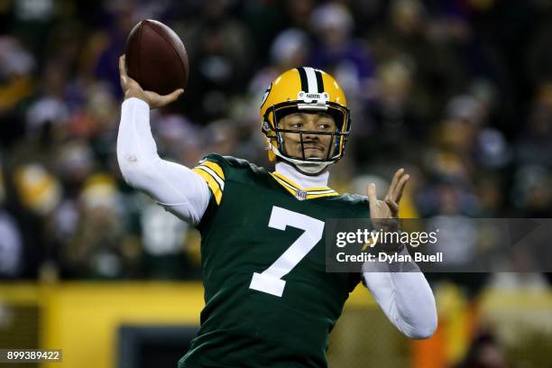 Brett Hundley of the Green Bay Packers throws a pass in the second quarter against the Minnesota Vikings at Lambeau Field on December 23, 2017 in...