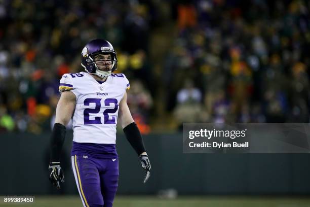 Harrison Smith of the Minnesota Vikings lines up for a play in the third quarter against the Green Bay Packers at Lambeau Field on December 23, 2017...