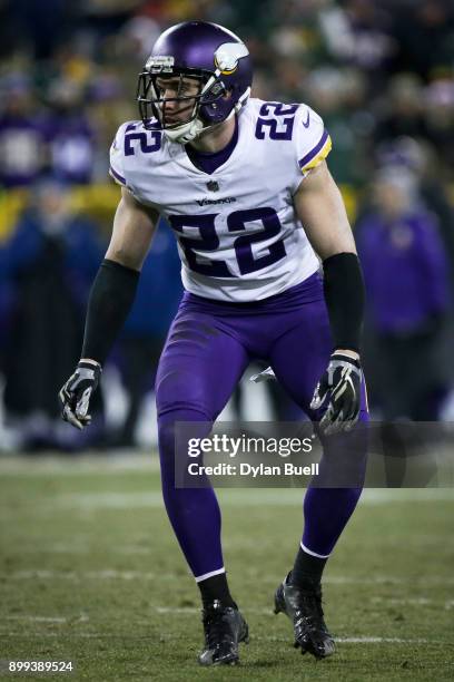 Harrison Smith of the Minnesota Vikings lines up for a play in the fourth quarter against the Green Bay Packers at Lambeau Field on December 23, 2017...