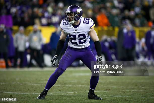 Harrison Smith of the Minnesota Vikings lines up for a play in the fourth quarter against the Green Bay Packers at Lambeau Field on December 23, 2017...