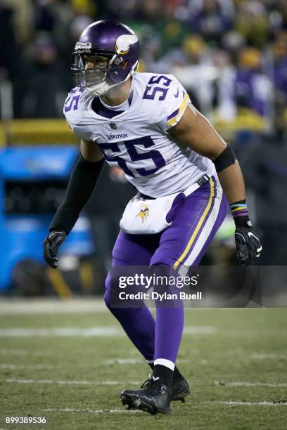 Anthony Barr of the Minnesota Vikings lines up for a play in the fourth quarter against the Green Bay Packers at Lambeau Field on December 23, 2017...