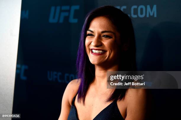 Cynthia Calvillo interacts with media during the UFC 219 Ultimate Media Day inside T-Mobile Arena on December 28, 2017 in Las Vegas, Nevada.