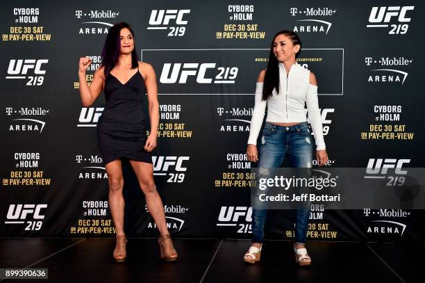 Cynthia Calvillo and Carla Esparza pose for the media during the UFC 219 Ultimate Media Day inside T-Mobile Arena on December 28, 2017 in Las Vegas,...