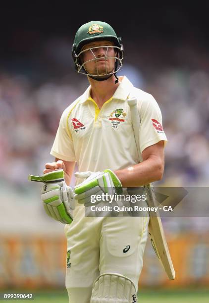Cameron Bancroft of Australia walks off the field after being dismissed during day four of the Fourth Test Match in the 2017/18 Ashes series between...