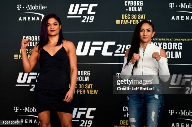 Cynthia Calvillo and Carla Esparza pose for the media during the UFC 219 Ultimate Media Day inside T-Mobile Arena on December 28, 2017 in Las Vegas,...