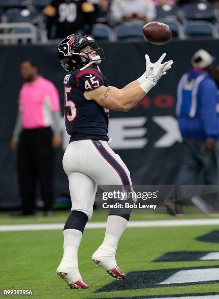 Jay Prosch of the Houston Texans catches a pass during warms up at NRG Stadium on December 25, 2017 in Houston, Texas. The Pittsburgh Steelers...