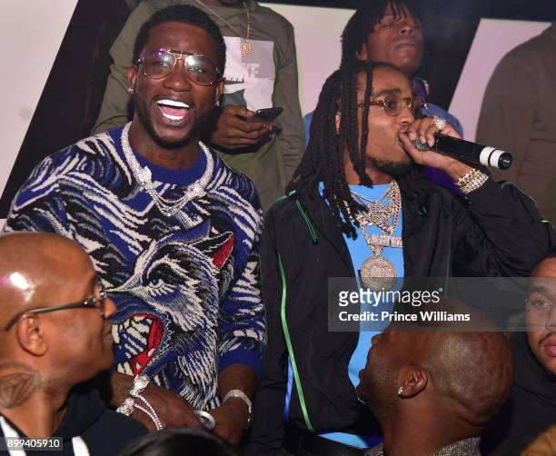 Gucci Mane and Quavo of The Migos attend the Gucci Mane "El Gato The Human Glacier" album release party at Gold Room on December 22, 2017 in Atlanta,...