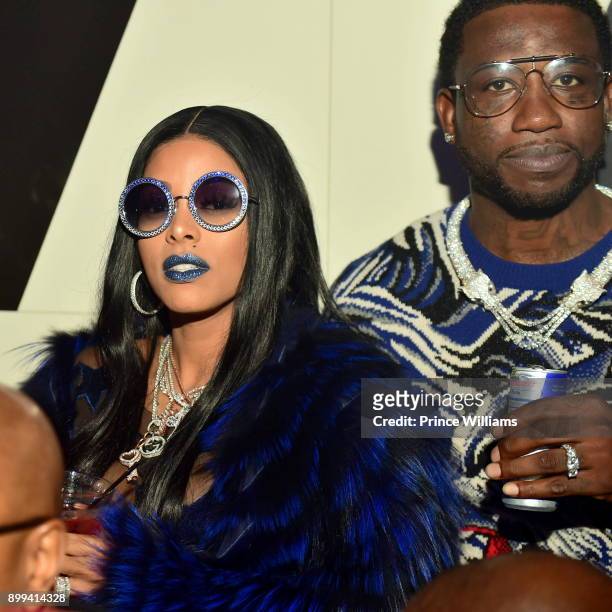 Gucci Mane and Keyshia Ka'oir attend the Gucci Mane "El Gato The Human Glacier" album release party at Gold Room on December 22, 2017 in Atlanta,...