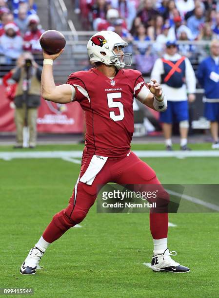 Drew Stanton of the Arizona Cardinals looks to throw the ball against the New York Giants at University of Phoenix Stadium on December 24, 2017 in...