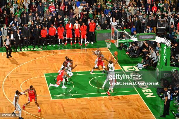 Al Horford of the Boston Celtics puts up the game winning shot during the game against the Houston Rockets on December 28, 2017 at the TD Garden in...