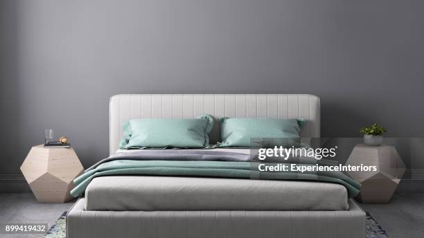 bed with nightstand and wall lamp template - bedclothes stock pictures, royalty-free photos & images