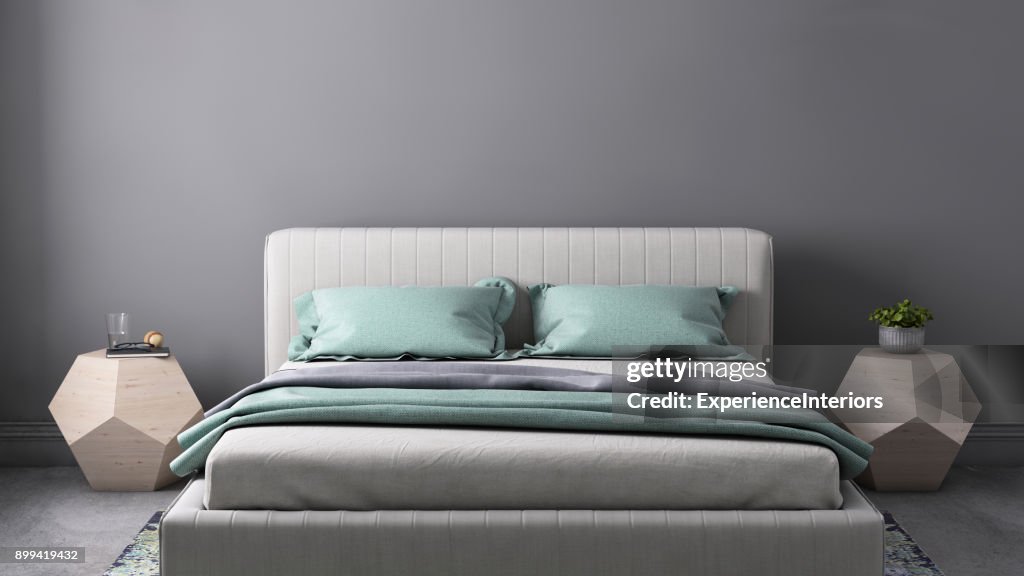 Cama com cabeceira e parede modelo de lâmpada