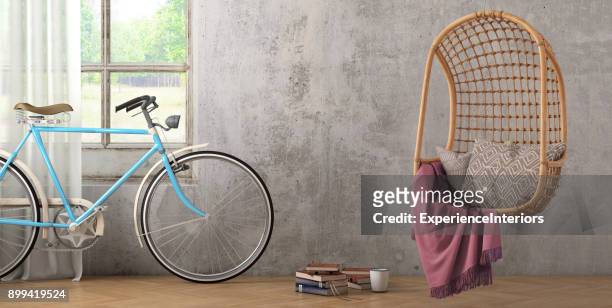 modern hipster interior with pendant chair and a bicycle wall template - lounge pillow imagens e fotografias de stock
