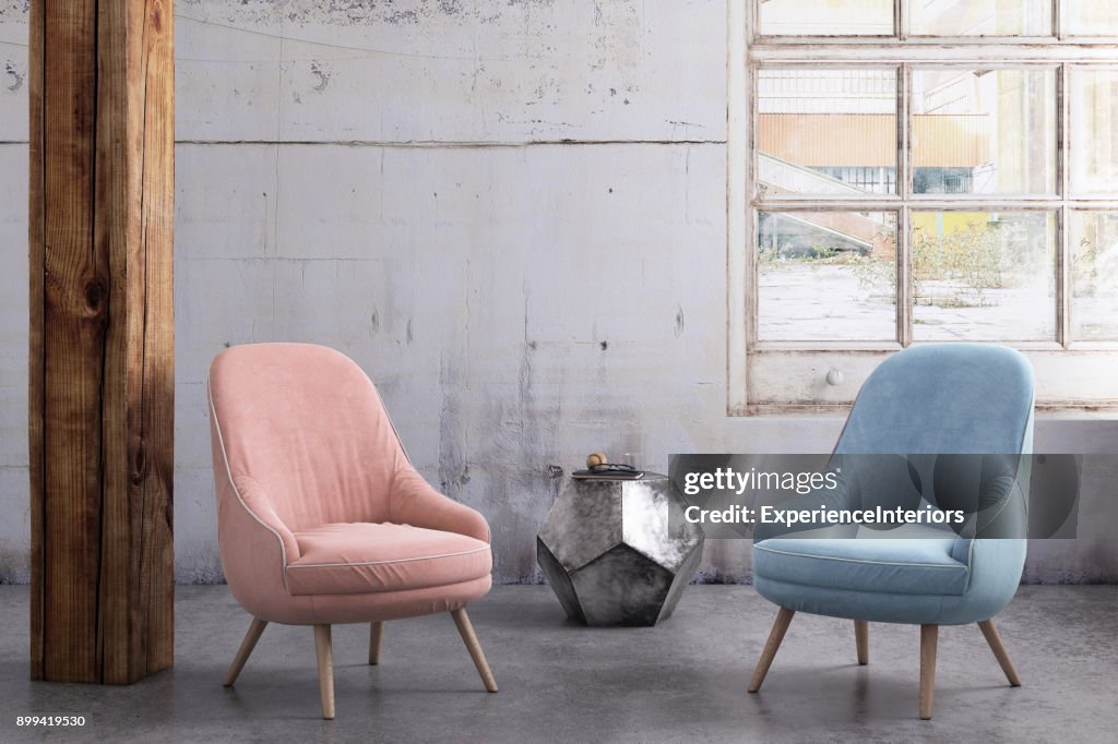 Pastel gekleurde fauteuils met salontafel, venster en lege muur sjabloon