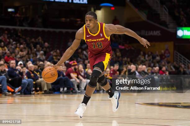 Gerald Beverly of the Canton Charge handles the ball against the Windy City Bulls on December 28, 2017 at Quicken Loans Arena in Cleveland, Ohio....