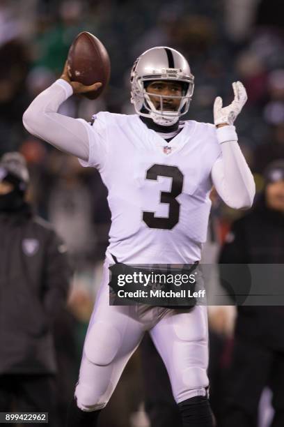 Manuel of the Oakland Raiders warms up prior to the game against the Philadelphia Eagles at Lincoln Financial Field on December 25, 2017 in...