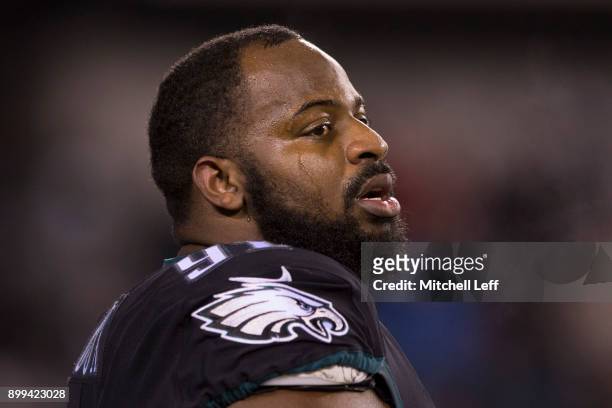 Fletcher Cox of the Philadelphia Eagles looks on prior to the game against the Oakland Raiders at Lincoln Financial Field on December 25, 2017 in...