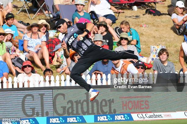 Doug Bracewell attempts a catch during game one of the Twenty20 series between New Zealand and the West Indies at Saxton Field on December 29, 2017...