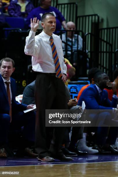 Sam Houston State Bearkats head coach Jason Hooten reacts to play against LSU Tigers on December 19, 2017 at Pete Maravich Assembly Center in Baton...