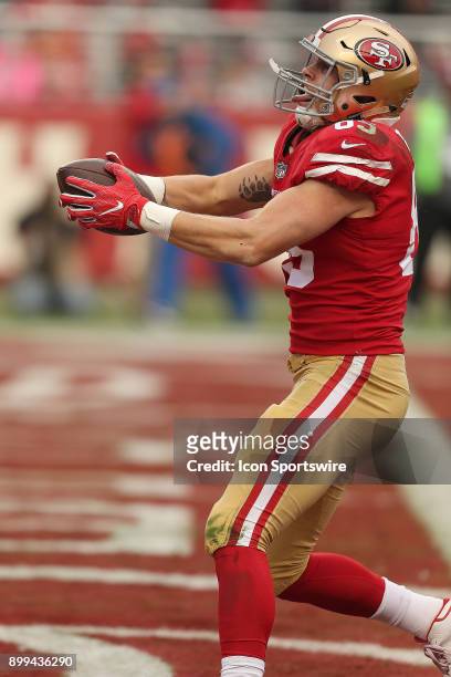 San Francisco 49ers tight end George Kittle celebrates a touchdown during an NFL game against the Jacksonville Jaguars on Sunday December 24 at...