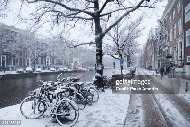 beautiful amsterdam city covered in snow - clima stock-fotos und bilder