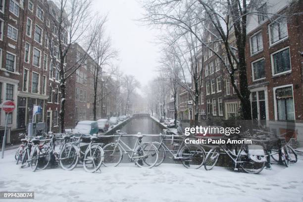 snow covers the city of amsterdam,netherlands - clima stock pictures, royalty-free photos & images