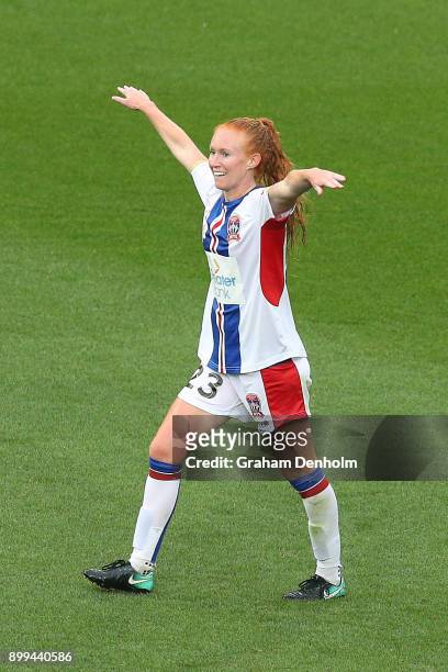 Tori Huster of the Jets celebrates her goal during the round nine W-League match between the Melbourne Victory and the Newcastle Jets at AAMI Park on...