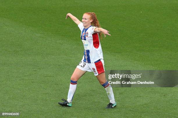 Tori Huster of the Jets celebrates her goal during the round nine W-League match between the Melbourne Victory and the Newcastle Jets at AAMI Park on...