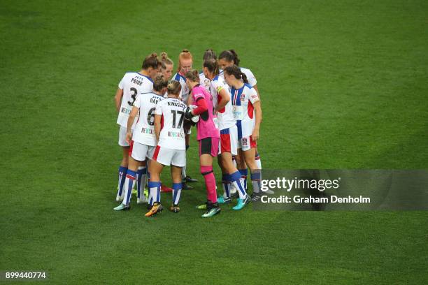 The Jets huddle during the round nine W-League match between the Melbourne Victory and the Newcastle Jets at AAMI Park on December 29, 2017 in...