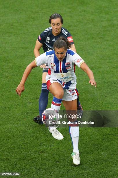 Katie Stengel of the Jets controls the ball under pressure during the round nine W-League match between the Melbourne Victory and the Newcastle Jets...