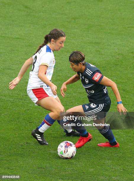 Ga-Eul Jeon of the Victory in action during the round nine W-League match between the Melbourne Victory and the Newcastle Jets at AAMI Park on...