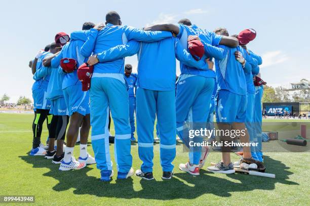 The West Indies huddle prior to game one of the Twenty20 series between New Zealand and the West Indies at Saxton Field on December 29, 2017 in...