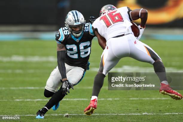 Carolina Panthers cornerback Daryl Worley comes in for the stop on Tampa Bay Buccaneers wide receiver Freddie Martino after his catch during the...